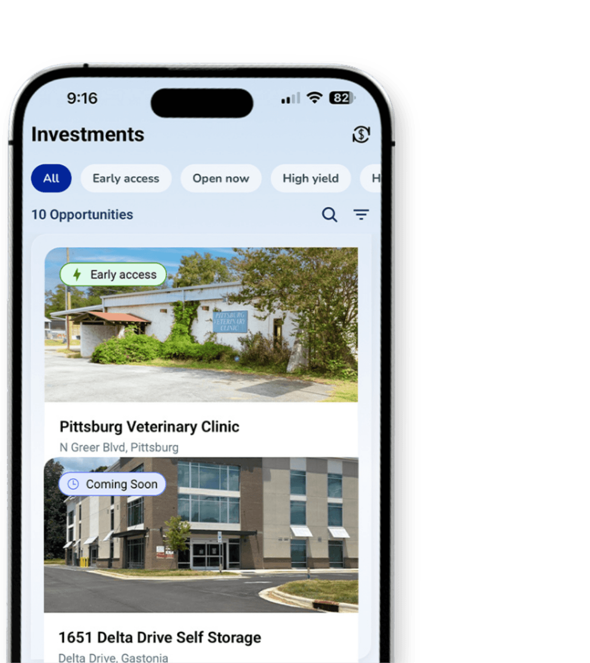 Raveum app Investments screen listing pre-vetted opportunities, including Pittsburg Veterinary Clinic and 1651 Delta Drive Self Storage