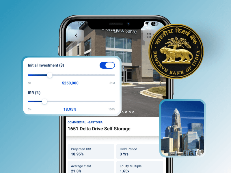 Raveum app return calculator with the initial investment slider set to $250,000 and a projected IRR of 18.95%, alongside the Reserve Bank of India seal