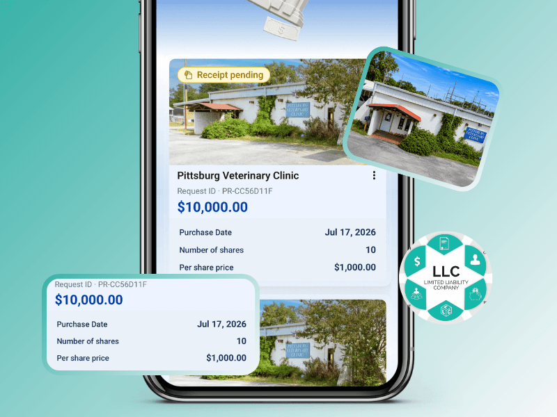 Raveum app purchase record showing a $10,000 investment for 10 shares in a commercial property, with the receipt pending and a U.S. LLC ownership badge