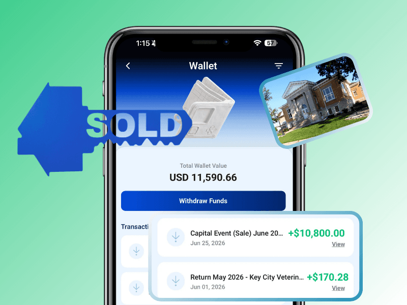 Raveum app wallet showing a total value of USD 11,590.66 with rental income and sale-proceed transactions in dollars, next to a house key stamped SOLD