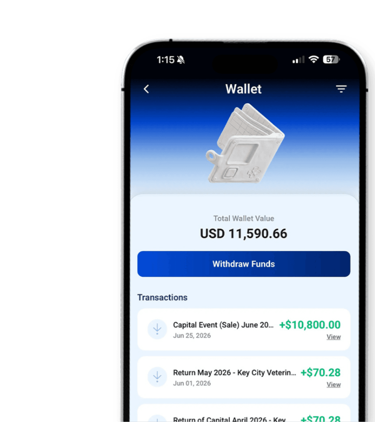 Raveum app wallet showing rental income and sale-proceed transactions arriving in U.S. dollars