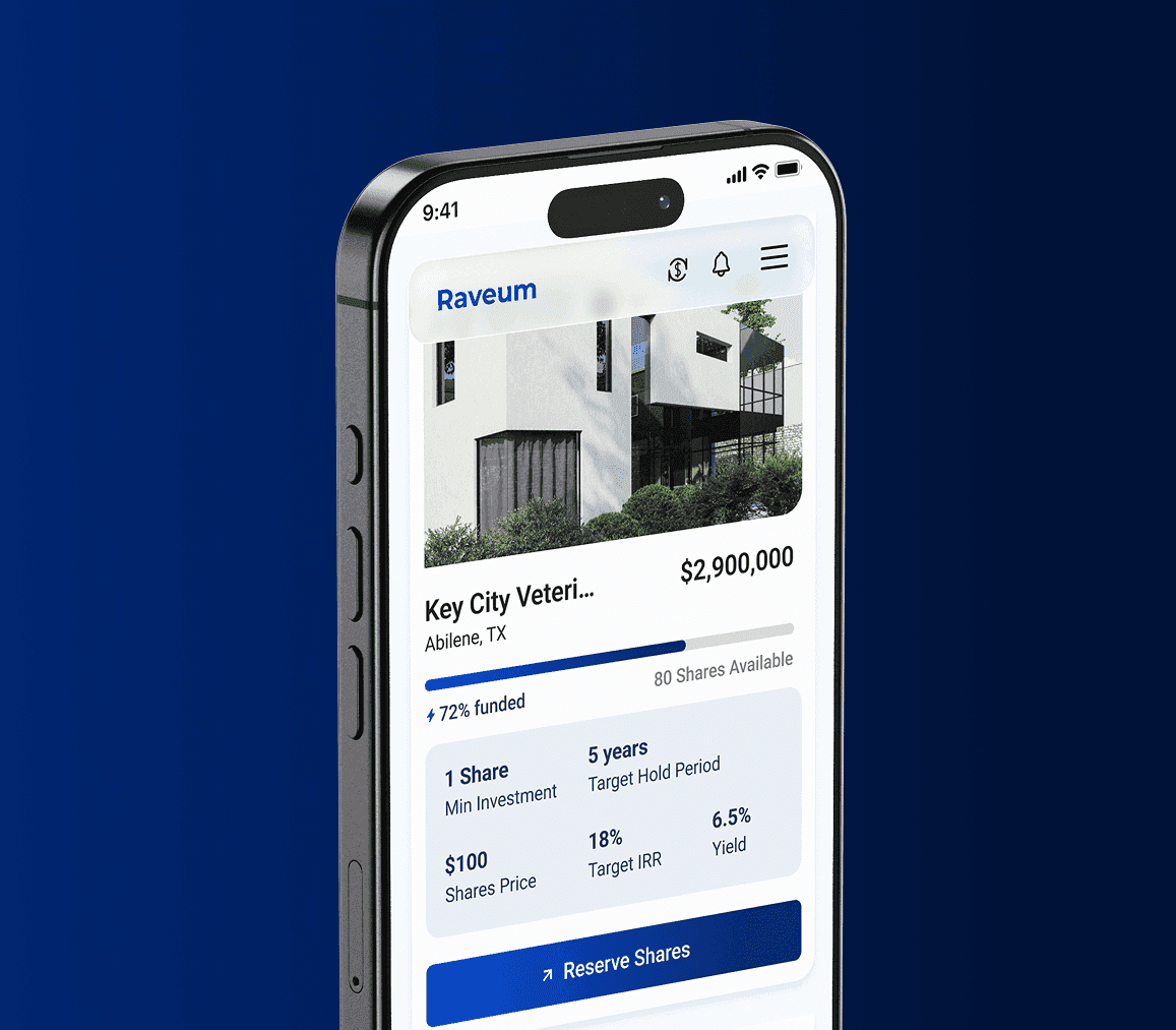 Raveum compliance and governance feature showing a mobile app interface with a vetted U.S. real estate investment backed by experienced operators
