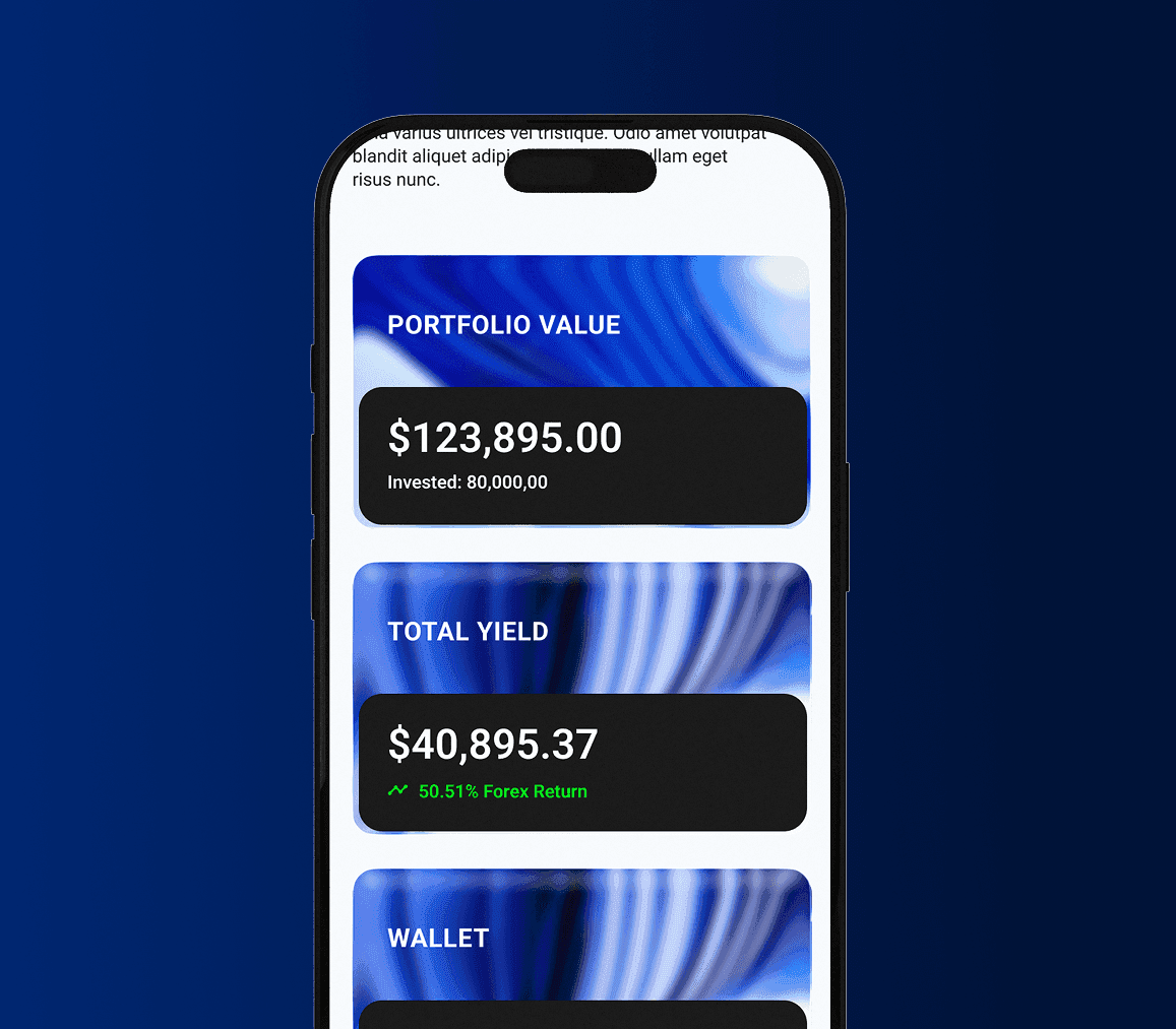 Raveum portfolio tracking feature showing a mobile app dashboard with portfolio value, total yield, and investment performance