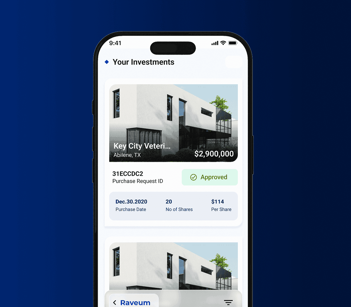 Raveum tax reporting feature showing a mobile app screen with approved U.S. real estate investments and detailed ownership records