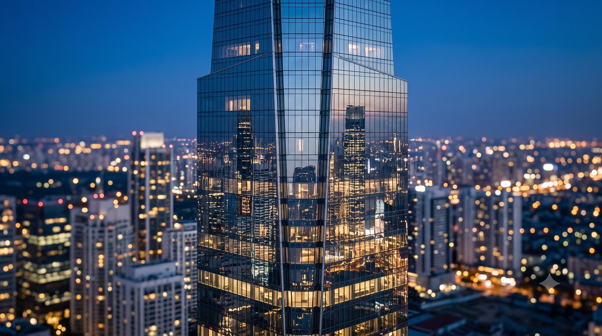 A modern glass tower reflecting a global city skyline at blue hour, representing dollar-denominated assets and global wealth diversification