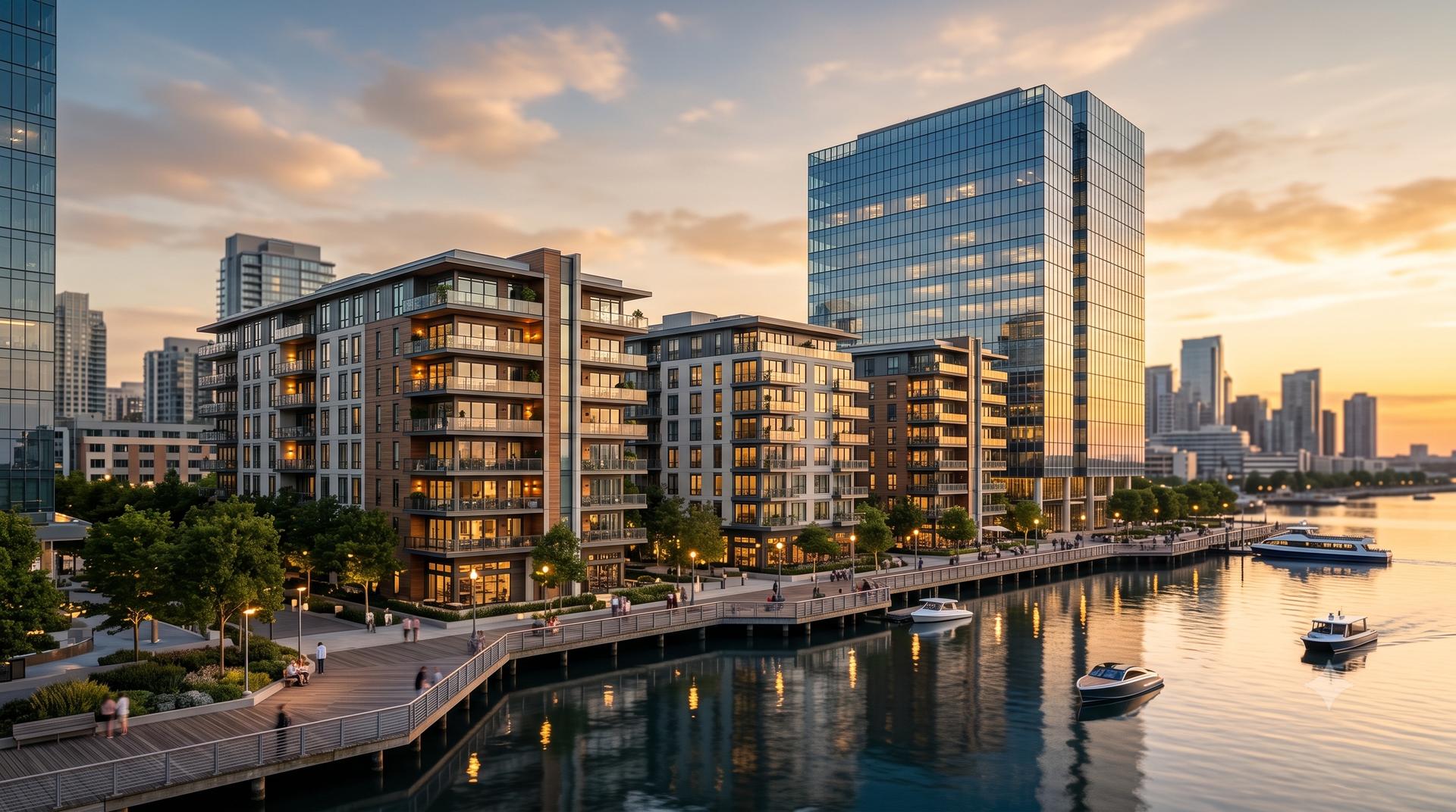 Modern U.S. apartment and office buildings at golden hour, representing real estate investment opportunities for Indian investors