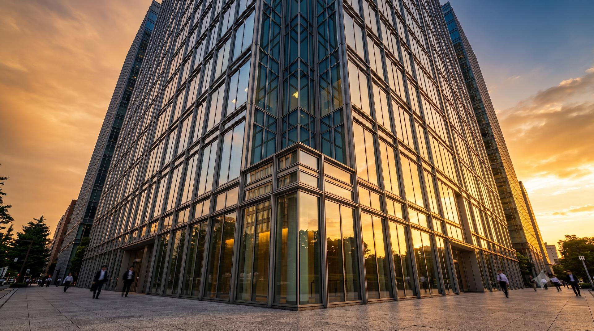 Modern glass office tower facade with strong geometric lines at golden hour, conveying institutional trust and security
