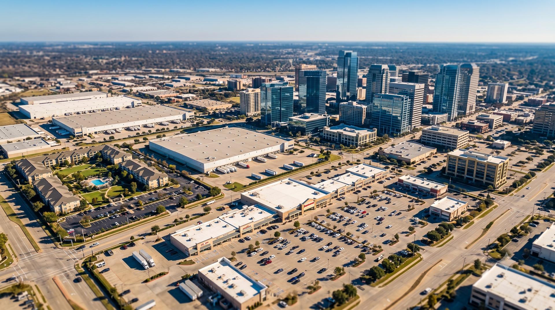 Aerial view of a diverse U.S. metro area with apartments, warehouses, retail and offices, representing different property types