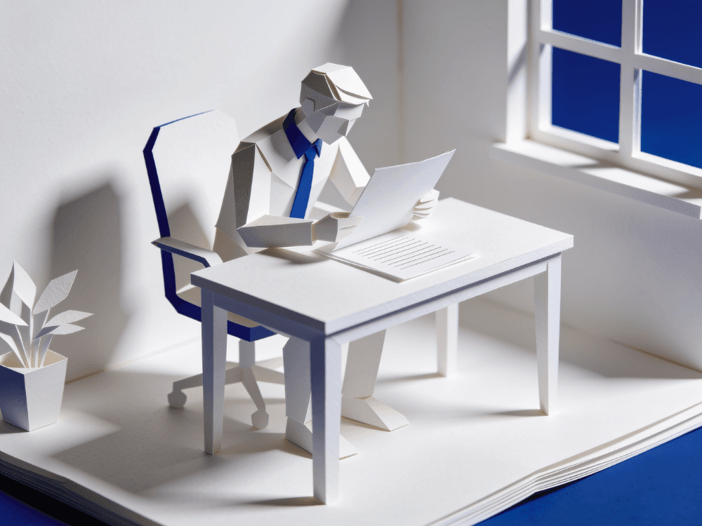 Papercraft figure at a desk reviewing property opportunities on a laptop