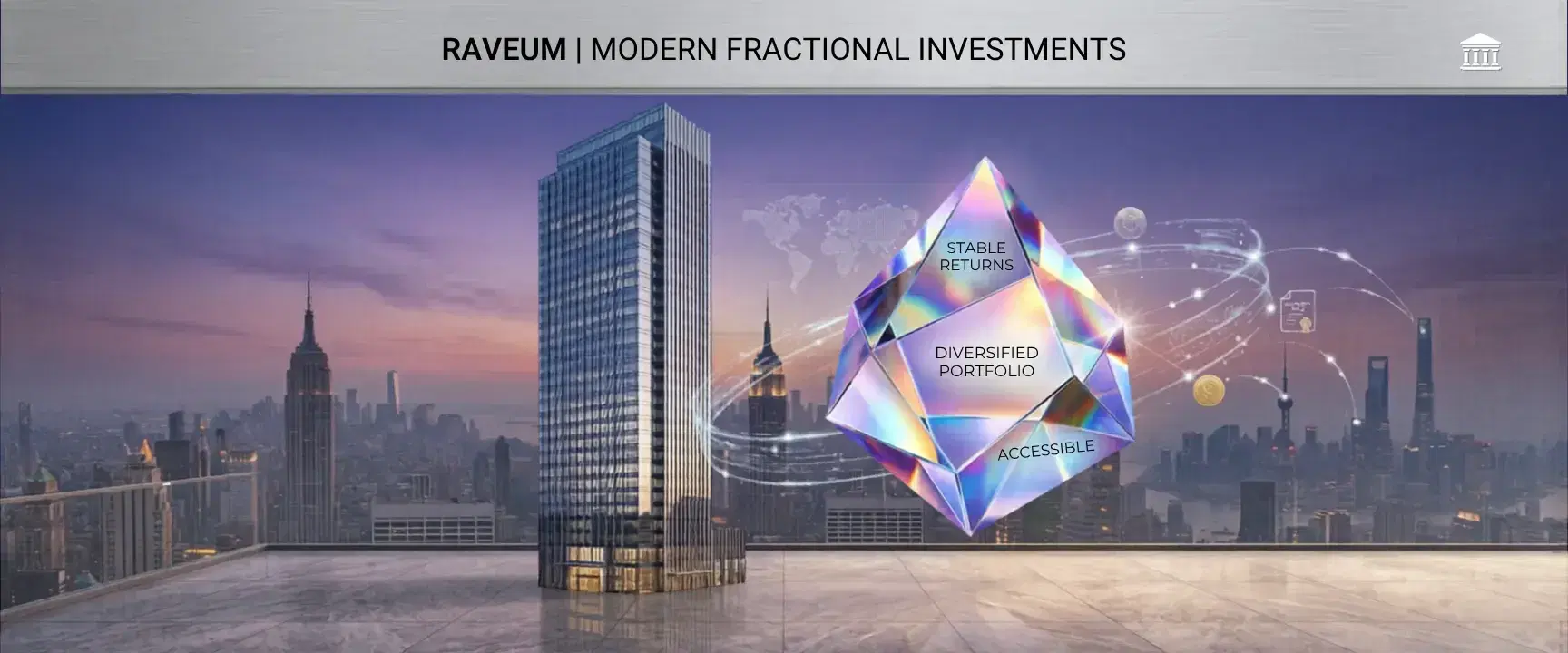 A modern commercial real estate property representing stable, fractional investment opportunities available through Raveum.